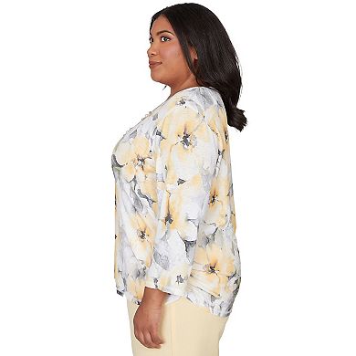 Plus Size Alfred Dunner Watercolor Floral Side Ruched Top with Necklace