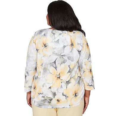 Plus Size Alfred Dunner Watercolor Floral Side Ruched Top with Necklace