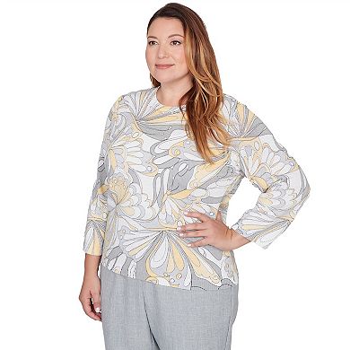 Plus Size Alfred Dunner Abstract Butterfly Ribbed Crew Neck Sweater