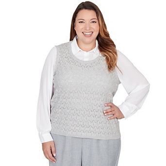 Women's Plus Alfred Dunner Pointelle Pearl Lace Two-in-One Sweater