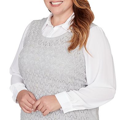 Plus Size Alfred Dunner Pointelle Pearl Lace Two-in-One Sweater