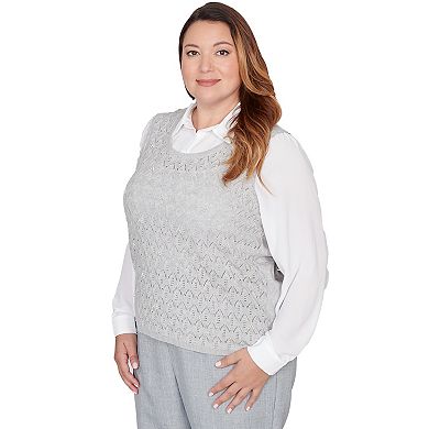 Plus Size Alfred Dunner Pointelle Pearl Lace Two-in-One Sweater