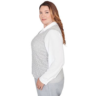 Plus Size Alfred Dunner Pointelle Pearl Lace Two-in-One Sweater