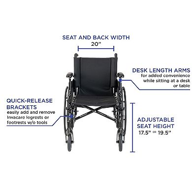 Invacare XT Lightweight Wheelchair, Desk Length Arms, 20" Seat, Black Satin