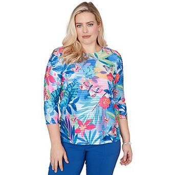 Petite Alfred Dunner Tropical Butterfly Ruffle Textured Top