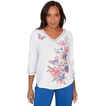 Petite Alfred Dunner Floral Butterfly Embroidered V-Neck Top