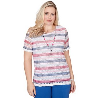 Petite Alfred Dunner Biadere Fringe Textured Tee with Necklace