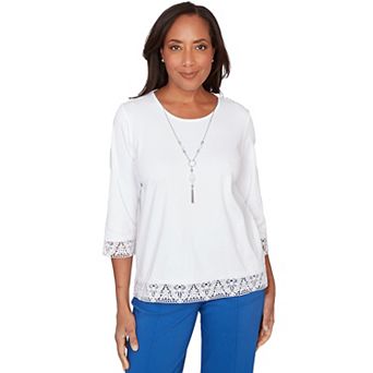Petite Alfred Dunner Embellished Lace Trim Top with Necklace