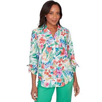 Women's Alfred Dunner Tropical Print Tie Sleeve Button Front Top