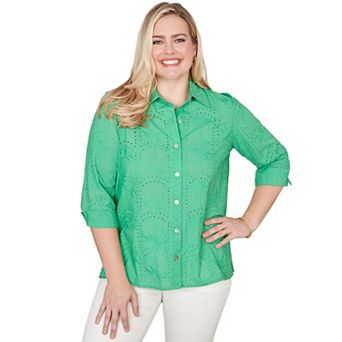 Women's Alfred Dunner Eyelet Palm Tree Button Front Top