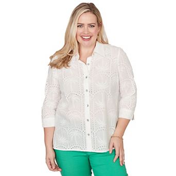 Women's Alfred Dunner Eyelet Palm Tree Button Front Top