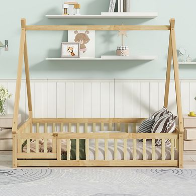 GOODSILO Tent-Shaped Full Size Floor Bed with Guardrails for Cozy Sleeping Space