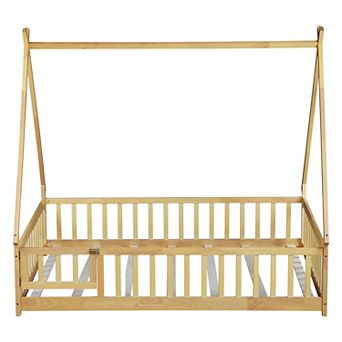 GOODSILO Tent-Shaped Full Size Floor Bed with Guardrails for Cozy Sleeping Space