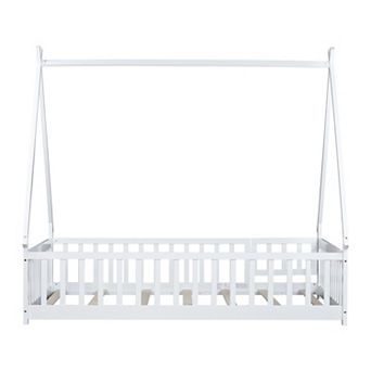 GOODSILO Tent-Shaped Full Size Floor Bed with Guardrails for Cozy Sleeping Space