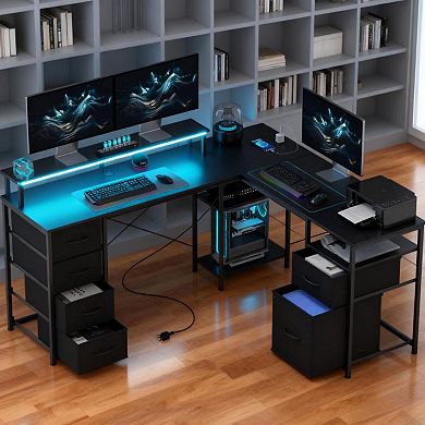 GOODSILO L-Shaped Corner Desk with Charging Station and LED Lighting