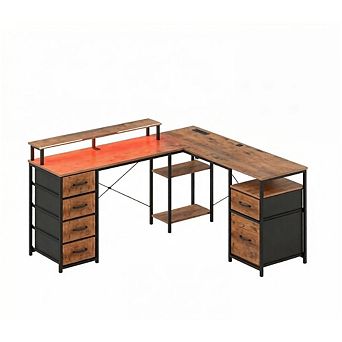 GOODSILO L-Shaped Corner Desk with Charging Station and LED Lighting