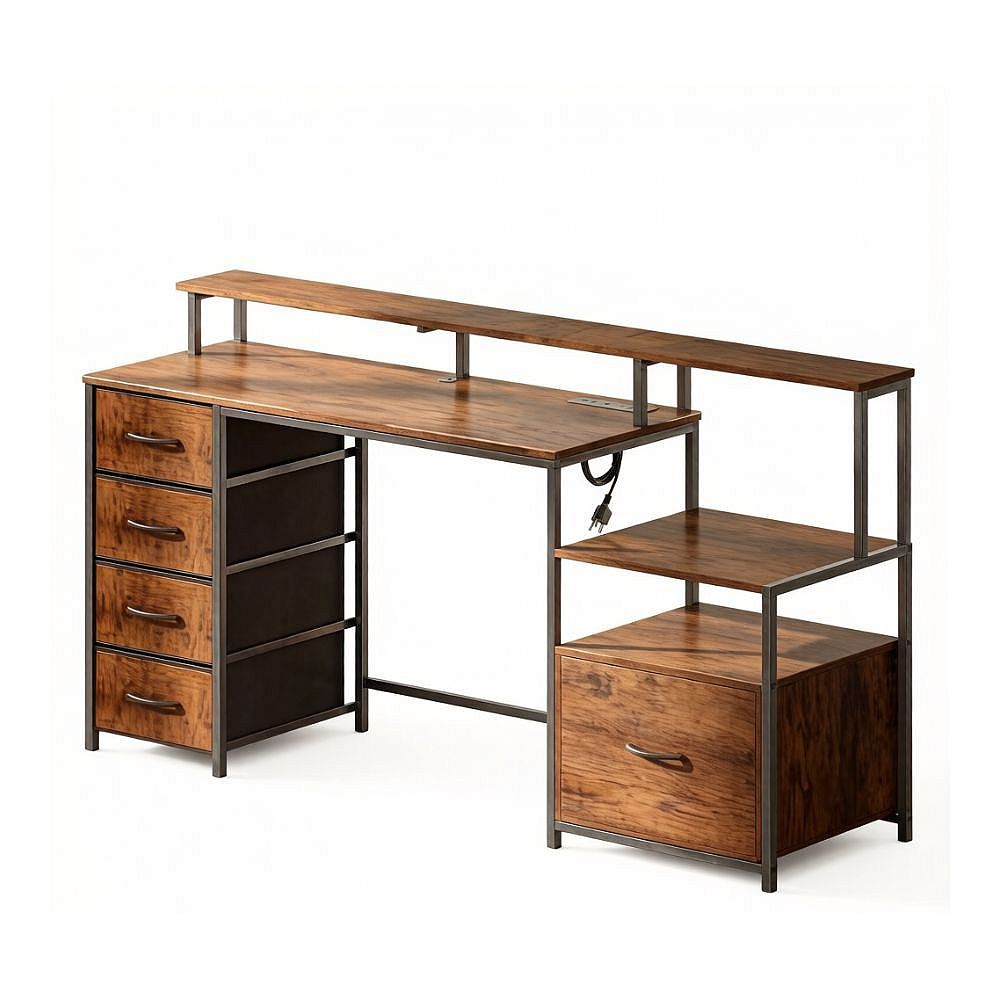 GOODSILO Modern Computer Desk with Power Outlets LED Lights File Cabinet