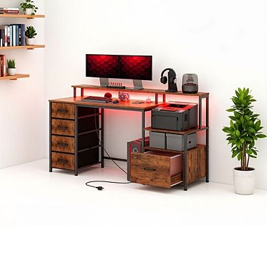 GOODSILO Modern Computer Desk with Power Outlets LED Lights File Cabinet