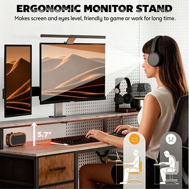 GOODSILO Modern Computer Desk with Power Outlets LED Lights File Cabinet