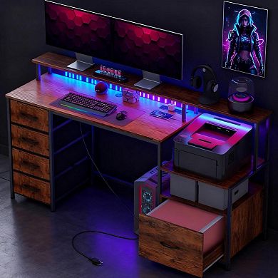 GOODSILO Modern Computer Desk with Power Outlets LED Lights File Cabinet