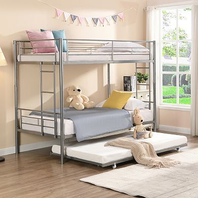 GOODSILO Space-Saving Twin Over Twin Metal Bunk Bed with Trundle Bed