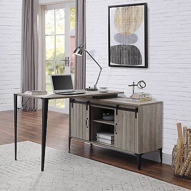 GOODSILO Modern L-Shape Writing Desk with Sliding Barn Door Storage