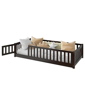GOODSILO Twin Size Floor Bed with Safety Fence and Door for Children's Room