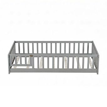 GOODSILO Twin Size Floor Bed with Safety Fence and Door for Children's Room