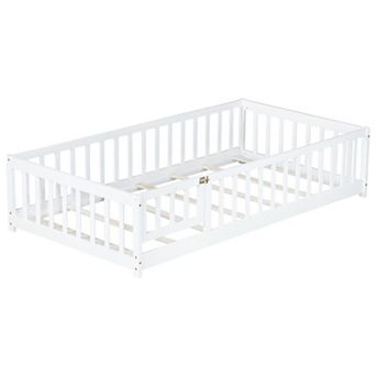 GOODSILO Twin Size Floor Bed with Safety Fence and Door for Children's Room