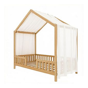 GOODSILO House-Shaped Twin Floor Bed with Full Railings and Decorative Canopy