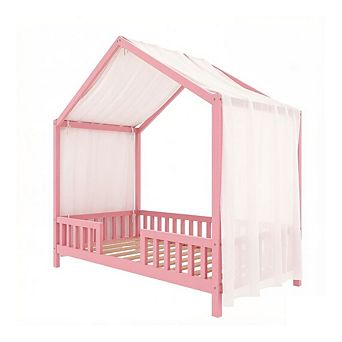 GOODSILO House-Shaped Twin Floor Bed with Full Railings and Decorative Canopy