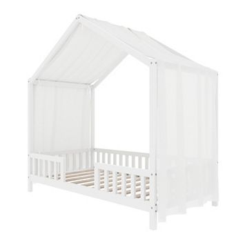 GOODSILO House-Shaped Twin Floor Bed with Full Railings and Decorative Canopy