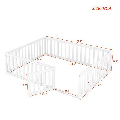 GOODSILO Queen Size Wood Floor Bed Frame with Safety Fence and Play Door