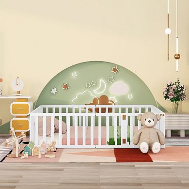 GOODSILO Queen Size Wood Floor Bed Frame with Safety Fence and Play Door