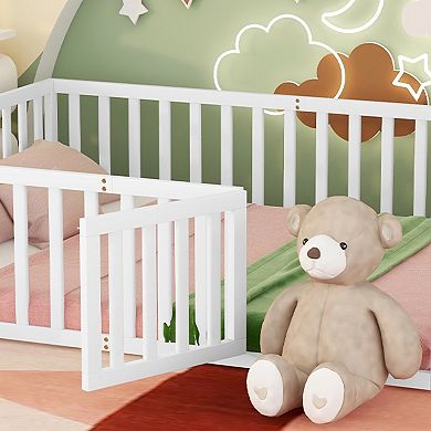 GOODSILO Queen Size Wood Floor Bed Frame with Safety Fence and Play Door