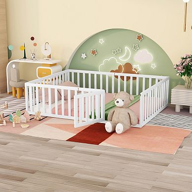 GOODSILO Queen Size Wood Floor Bed Frame with Safety Fence and Play Door