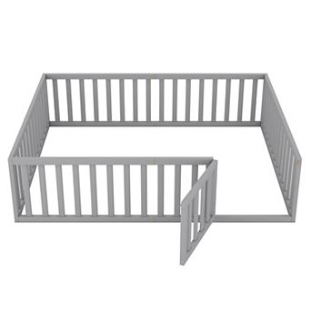 GOODSILO Queen Size Wood Floor Bed Frame with Safety Fence and Play Door