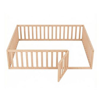 GOODSILO Queen Size Wood Floor Bed Frame with Safety Fence and Play Door