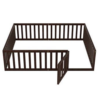 GOODSILO Queen Size Wood Floor Bed Frame with Safety Fence and Play Door