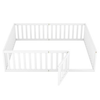 GOODSILO Queen Size Wood Floor Bed Frame with Safety Fence and Play Door