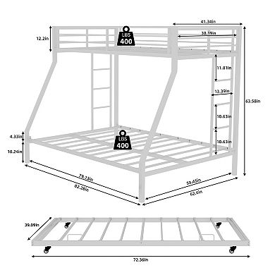 GOODSILO High-Stability Square Tube Triple Bunk Bed with Trundle - Queen Size