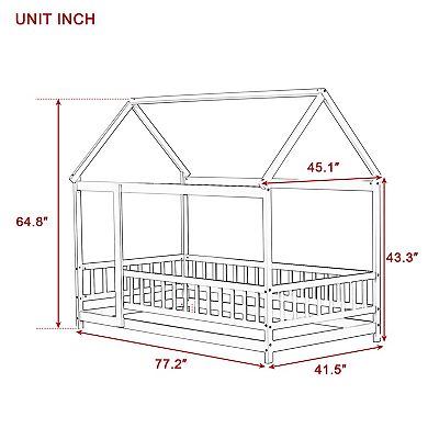 GOODSILO Twin Size House Frame Floor Bed with Safety Guardrails for Kids