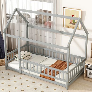 GOODSILO Twin Size House Frame Floor Bed with Safety Guardrails for Kids