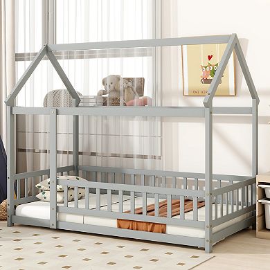 GOODSILO Twin Size House Frame Floor Bed with Safety Guardrails for Kids
