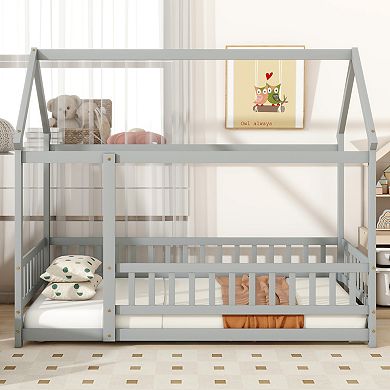 GOODSILO Twin Size House Frame Floor Bed with Safety Guardrails for Kids
