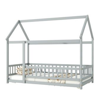 GOODSILO Twin Size House Frame Floor Bed with Safety Guardrails for Kids