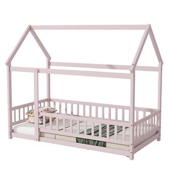 GOODSILO Twin Size House Frame Floor Bed with Safety Guardrails for Kids