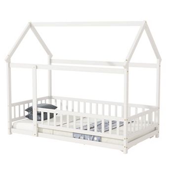 GOODSILO Twin Size House Frame Floor Bed with Safety Guardrails for Kids