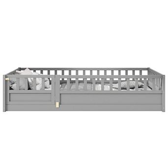 GOODSILO Twin Size Floor Bed with Safety Barrier and Door Montessori Design