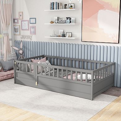 GOODSILO Twin Size Floor Bed with Safety Barrier and Door Montessori Design
